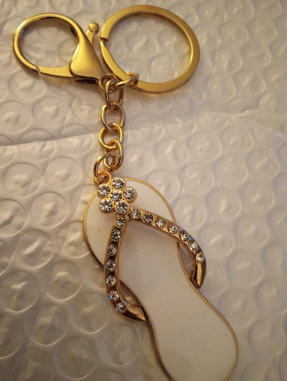 Gold-Plated White Rhinestone Flip Flop Keychain